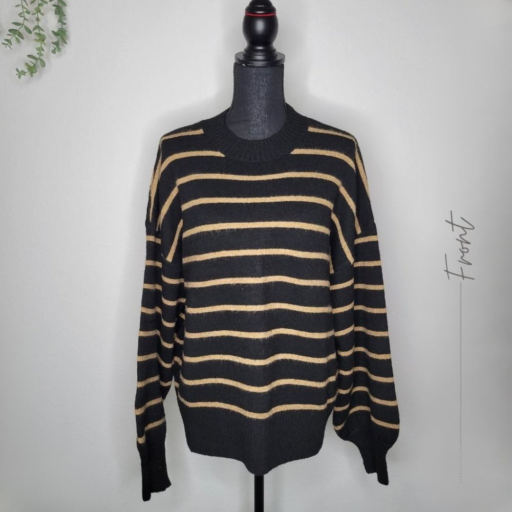 BLACK AND BROWN CREWNECK HORIZONTAL STRIPPED SWEATER FOR WOMEN